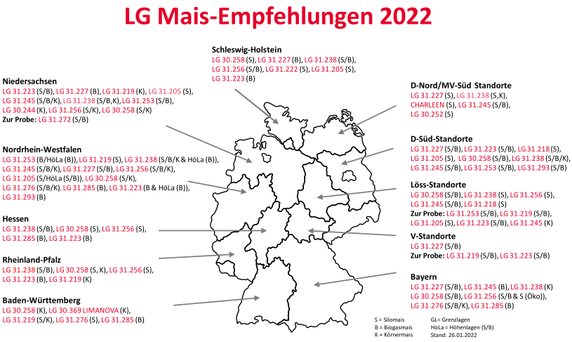 offiziell empfohlene LG Maissorten für den Anbau 2022