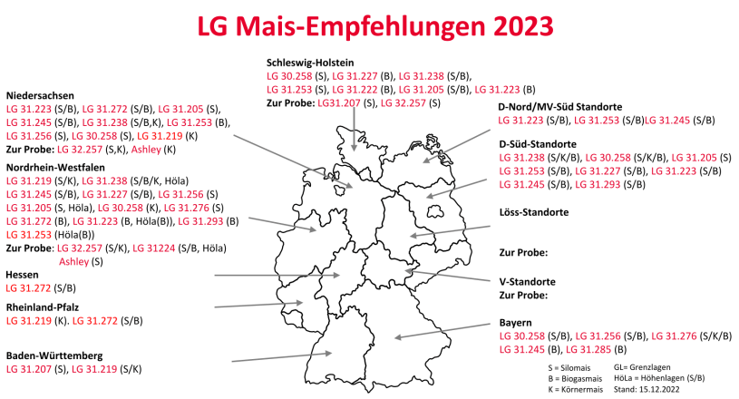 offiziell empfohlene LG Maissorten für den Anbau 2023