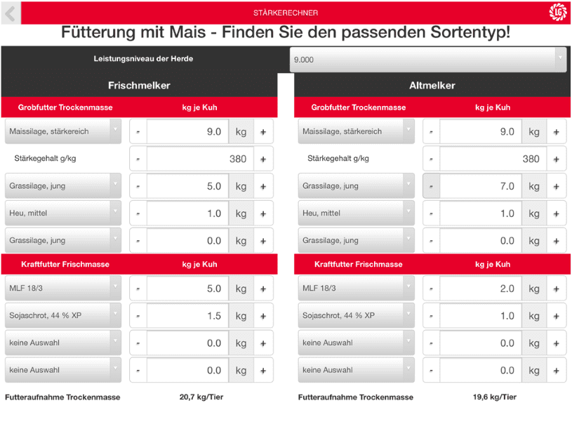 LG Stärkerechner - Milchvieh Beispielration mit hohem Maisanteil